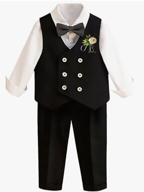 Classic Black & White Boys' Matching Vest Set with Bow Tie